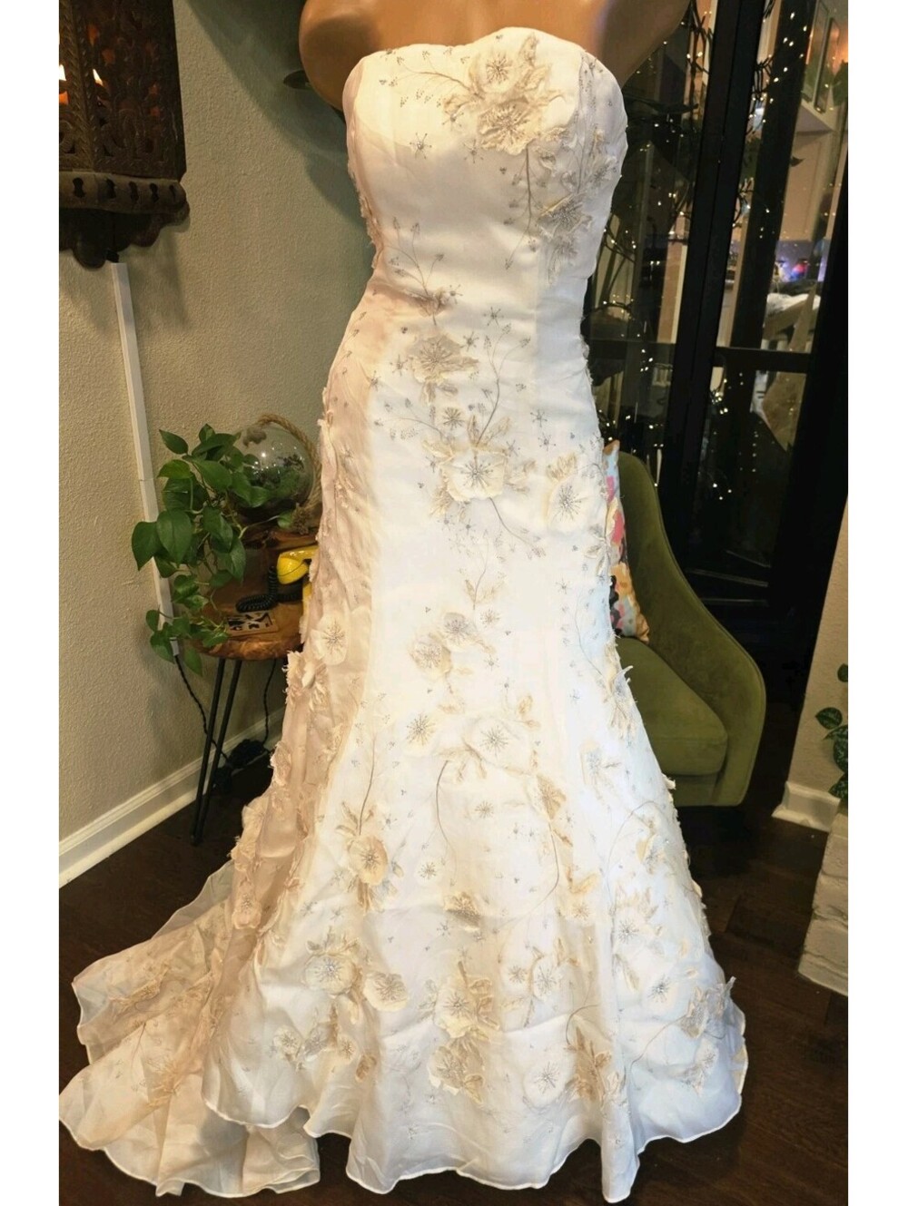 Watters Brides Wedding Dress 6 Silk Organza Strapless Floral A Line Gown 02001B